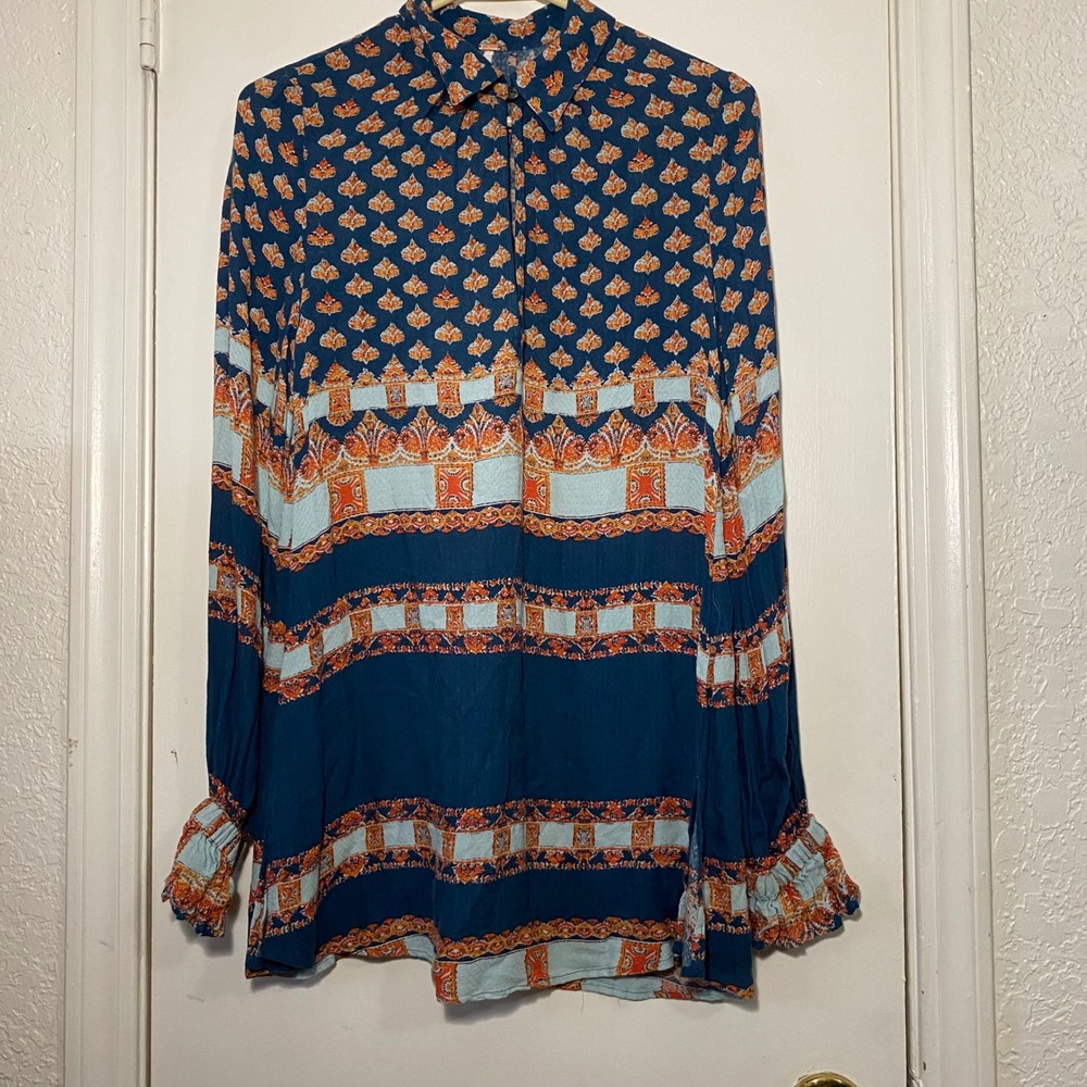 Free People Womens XS Long Sleeve Bohemian Boho Button Down Contemporary Print